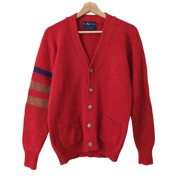 VTG Ralph Lauren Men's Red V-Neck Cardigan Sweater Varsity Stripe Shirt 90s M - Picture 1 of 6